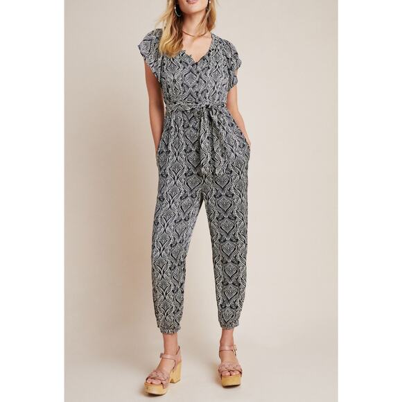 NEW‎ NWT Anthropologie Zadie Jumpsuit Size 8 Black White Paisley Flutter Sleeve - Picture 1 of 16